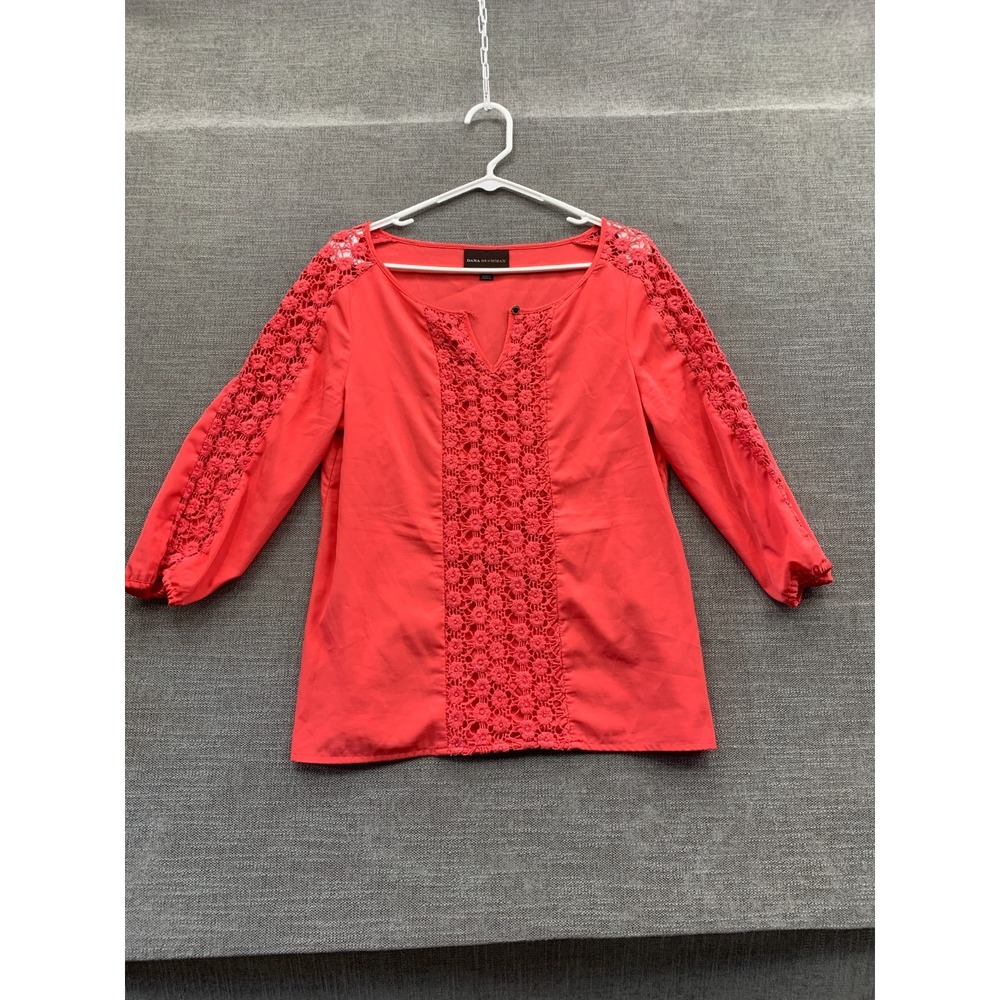 Dana Buchman Blouse Top Womens Medium Red Cotton Floral Eyelet Lace Casual Party
